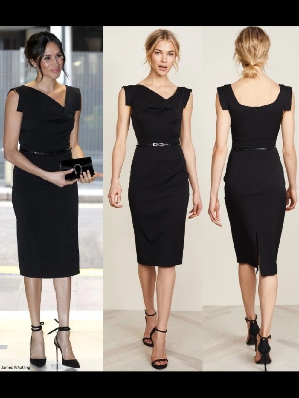 Black Halo Jackie O Asymmetrical Neckline Belted Cap Sleeve Sheath Dress, sz 10